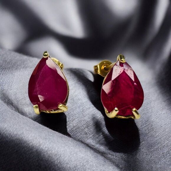 10k Gold Ruby Earrings Natural 2.8 CTTW Pear Cut Earth Mined Ruby Stud Earrings - Picture 15 of 16